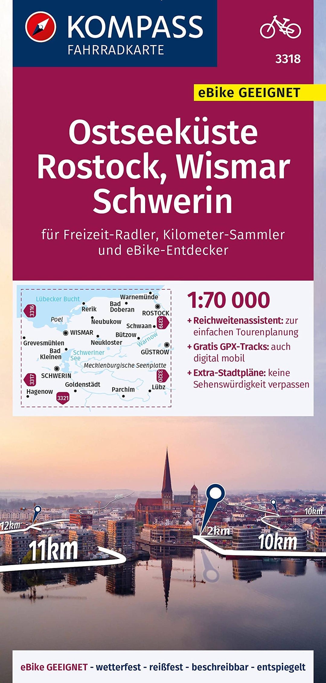 Carte cycliste n° F3318 - Ostseeküste, Rostock, Wismar, Schwerin (Allemagne) | Kompass carte pliée Kompass