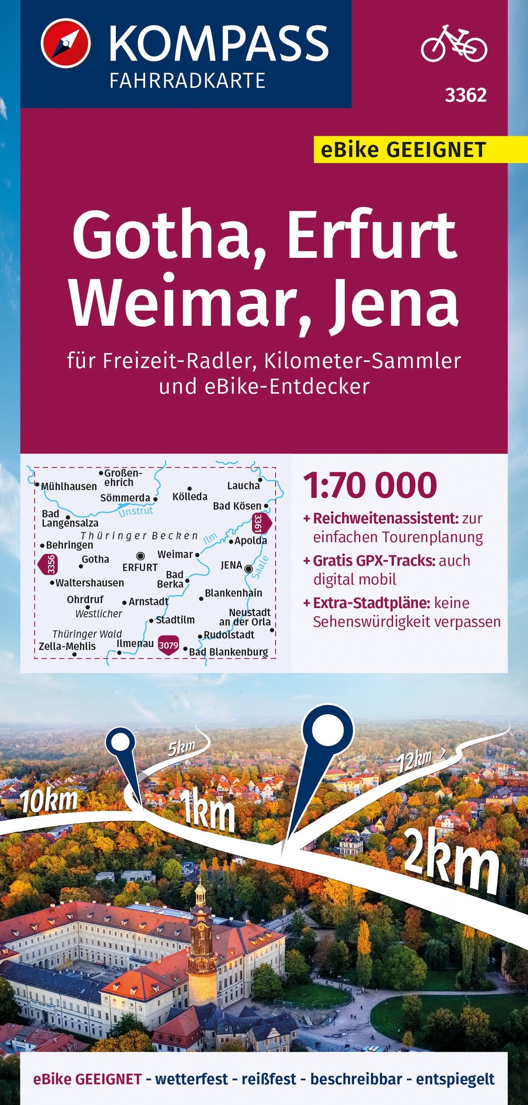 Carte cycliste n° F3362 - Gotha, Erfurt, Weimar, Jena (Allemagne) | Kompass carte pliée Kompass