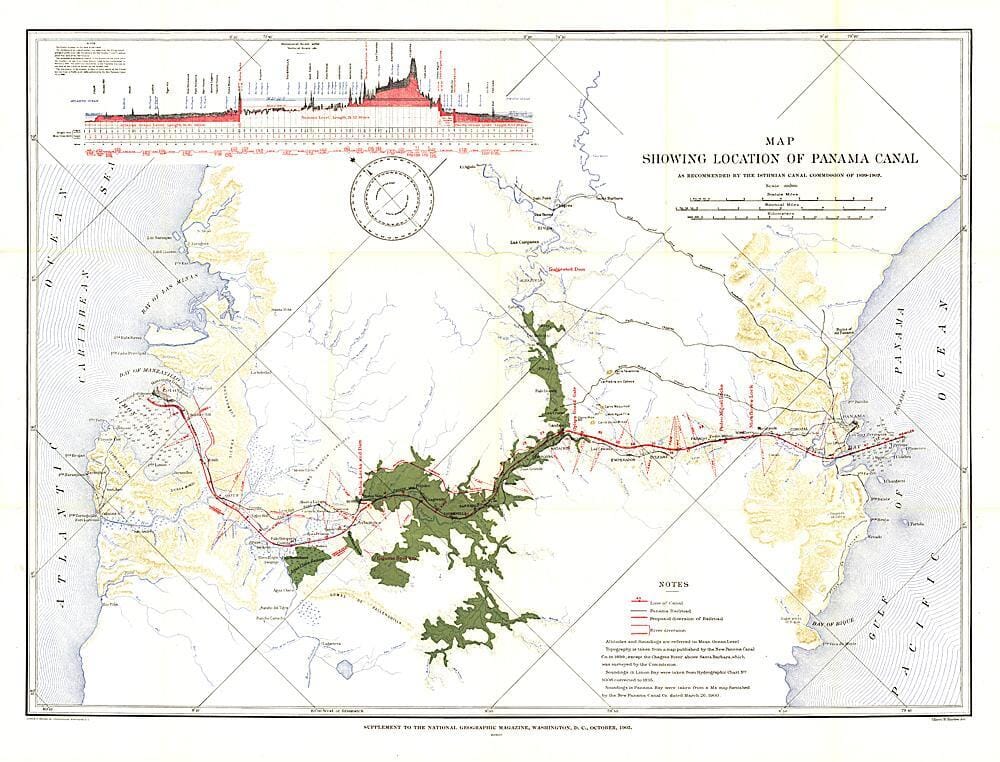1905 Map Showing Location of Panama Canal 1899-1902 Wall Map