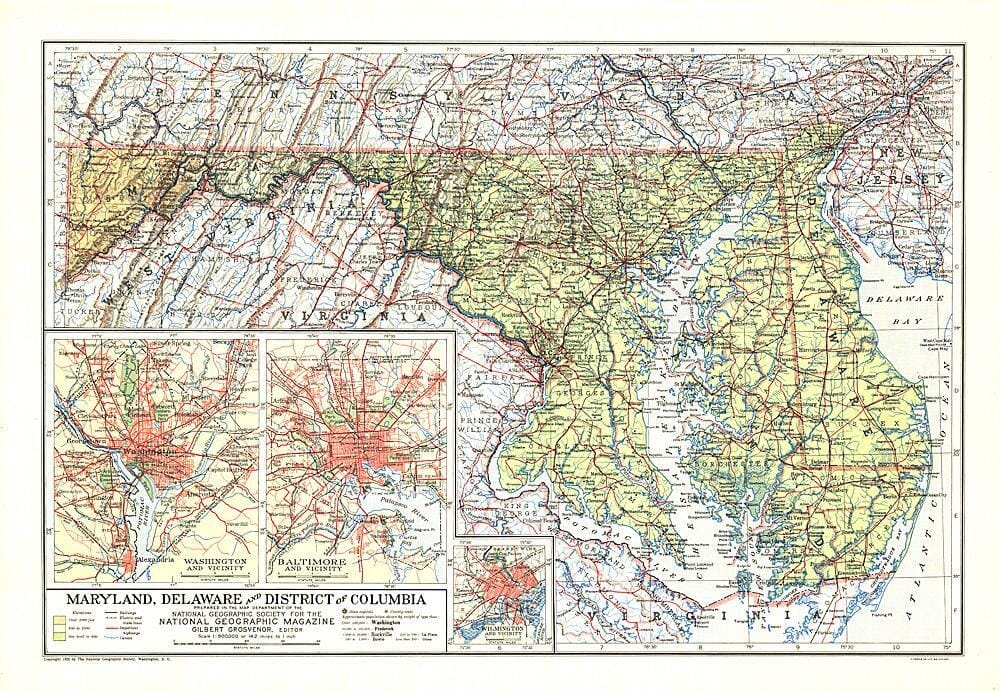 1927 Maryland, Delaware and District of Columbia Map Wall Map