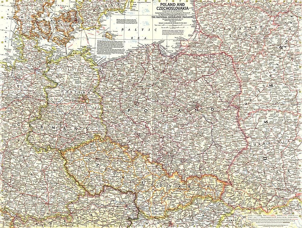 1958 Poland and Czechoslovakia Map Wall Map