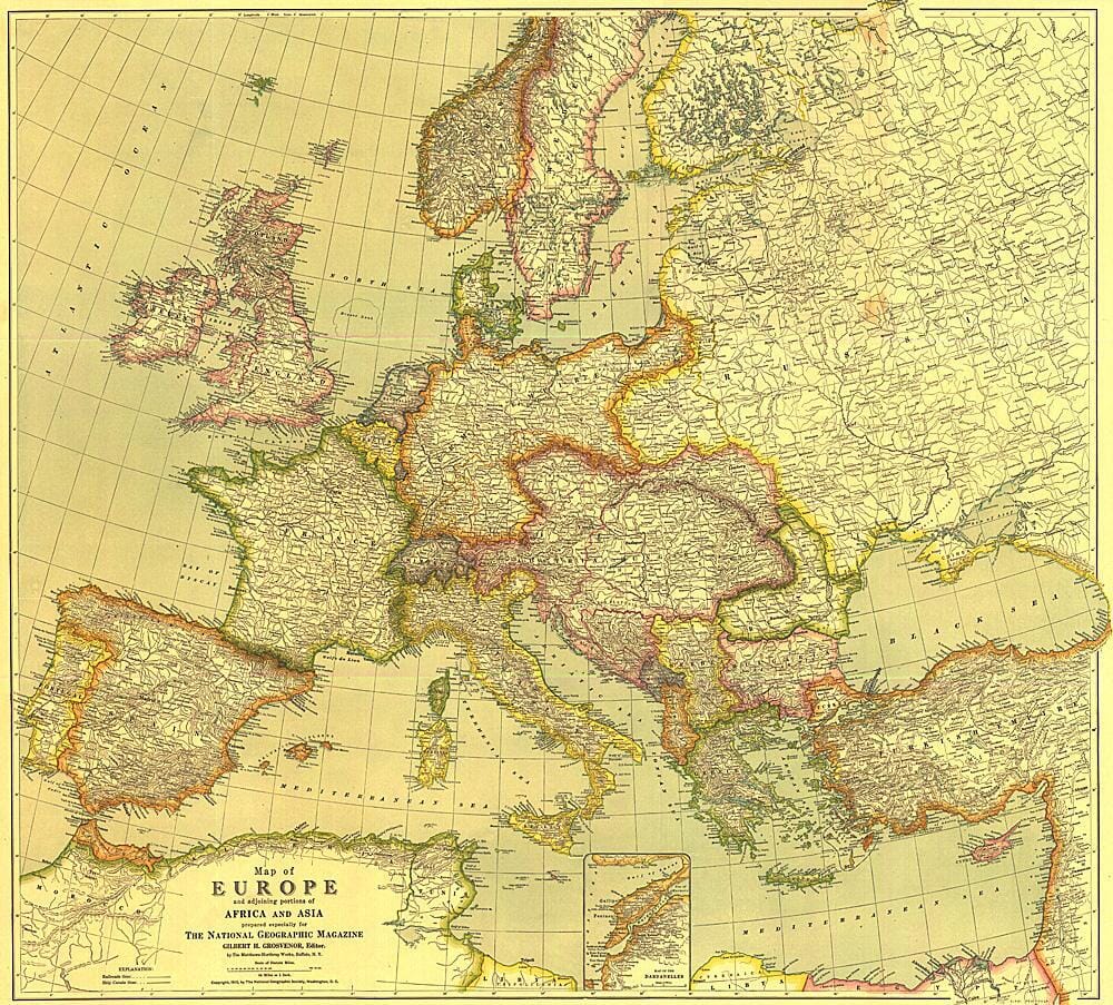 1915 Europe Map with Africa and Asia Wall Map