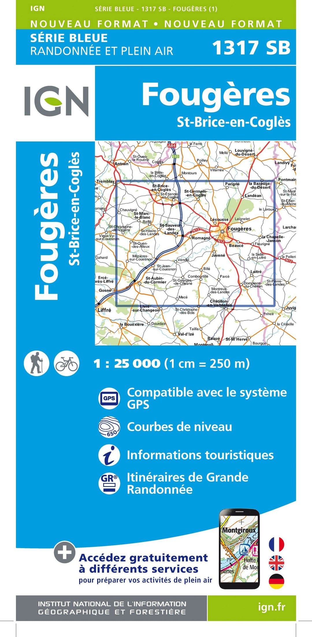 Carte de randonnée n° 1317 - Fougères, St-Brice-en-Coglès | IGN - Série Bleue carte pliée IGN