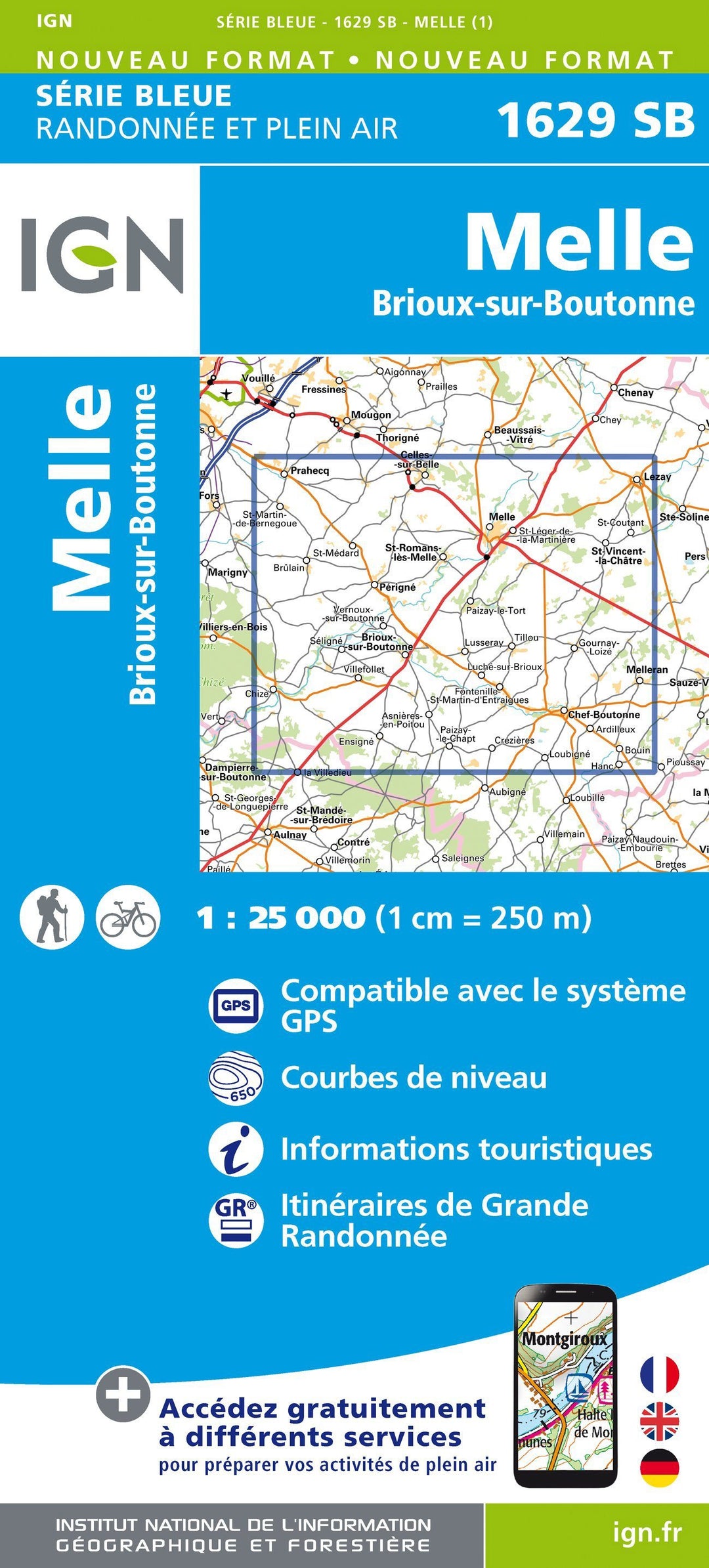 Carte de randonnée n° 1629 - Melle, Brioux-sur-Boutonne | IGN - Série Bleue carte pliée IGN