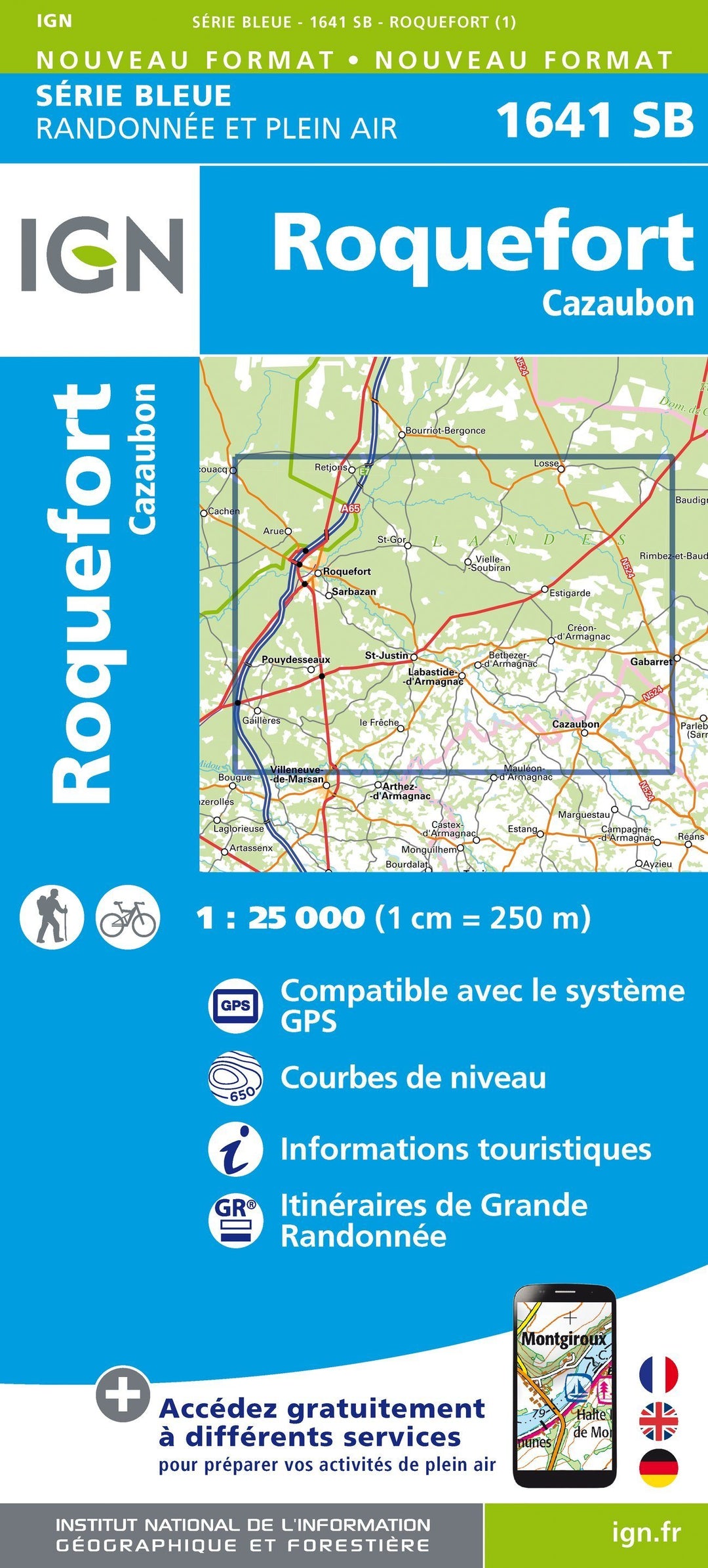 Carte de randonnée n° 1641 - Roquefort, Cazaubon | IGN - Série Bleue carte pliée IGN
