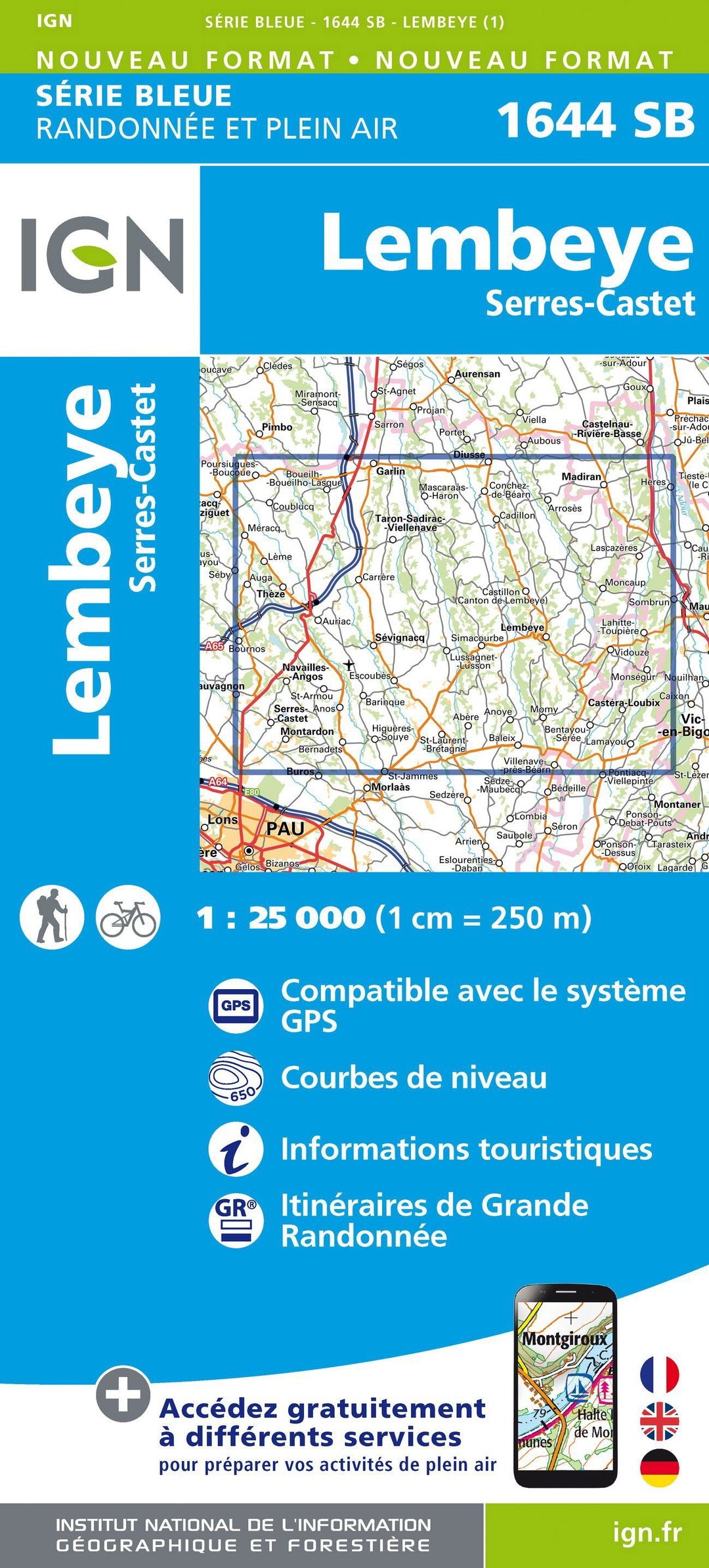 Carte de randonnée n° 1644 - Lembeye, Serres-Castet | IGN - Série Bleue carte pliée IGN