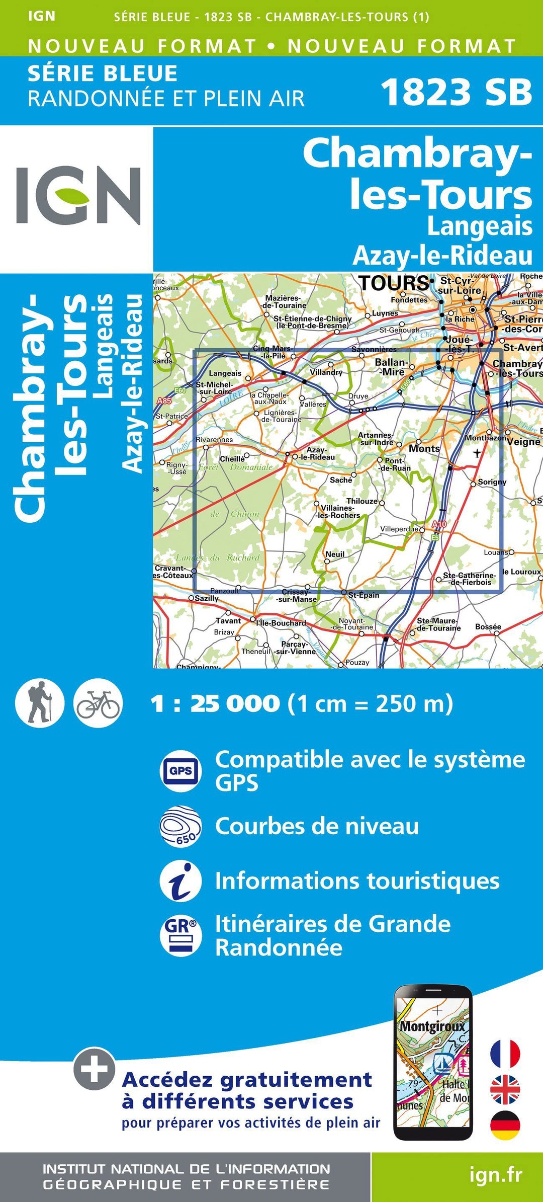 Carte de randonnée n° 1823 - Chambray-les-Tours, Langeais, Azay-le-Rideau | IGN - Série Bleue carte pliée IGN