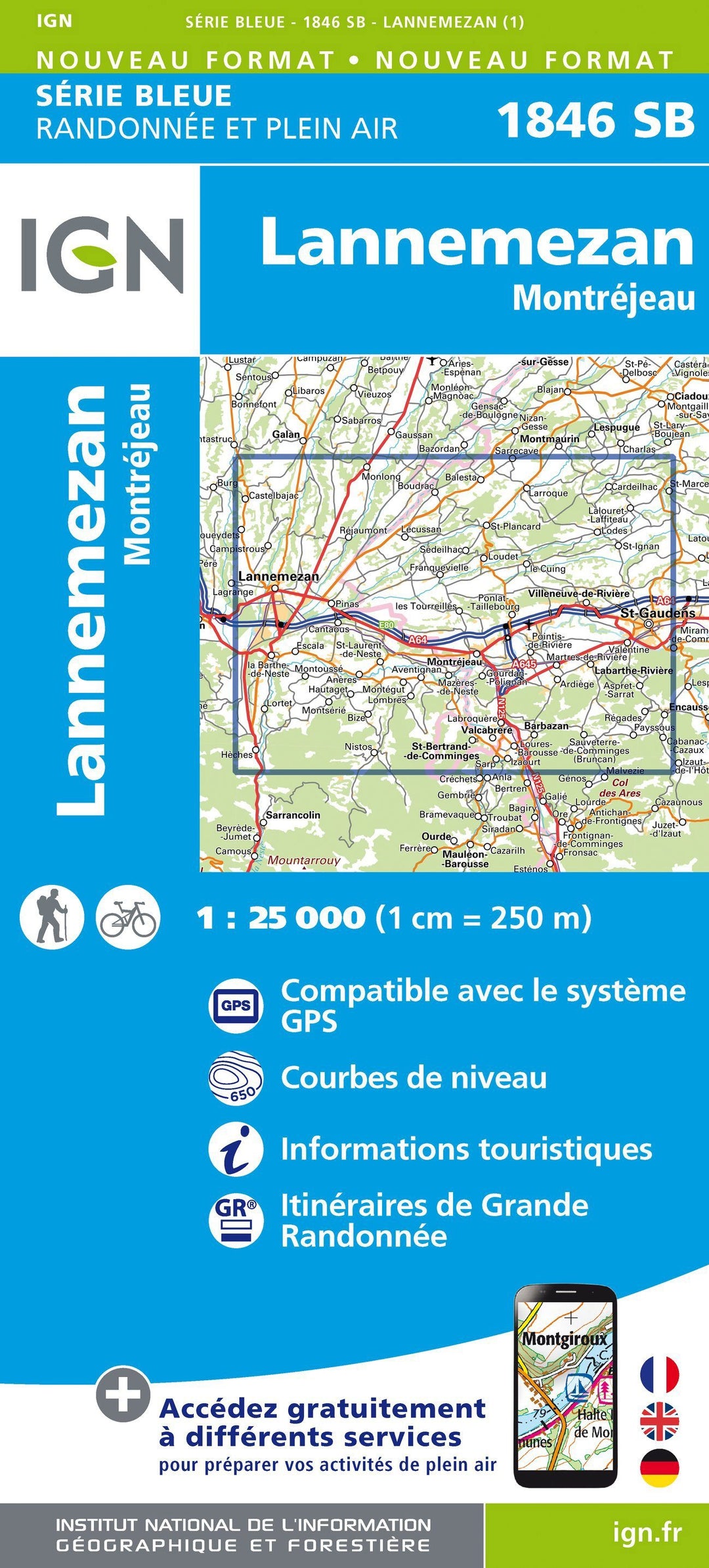 Carte de randonnée n° 1846 - Lannemezan, Montréjeau | IGN - Série Bleue carte pliée IGN