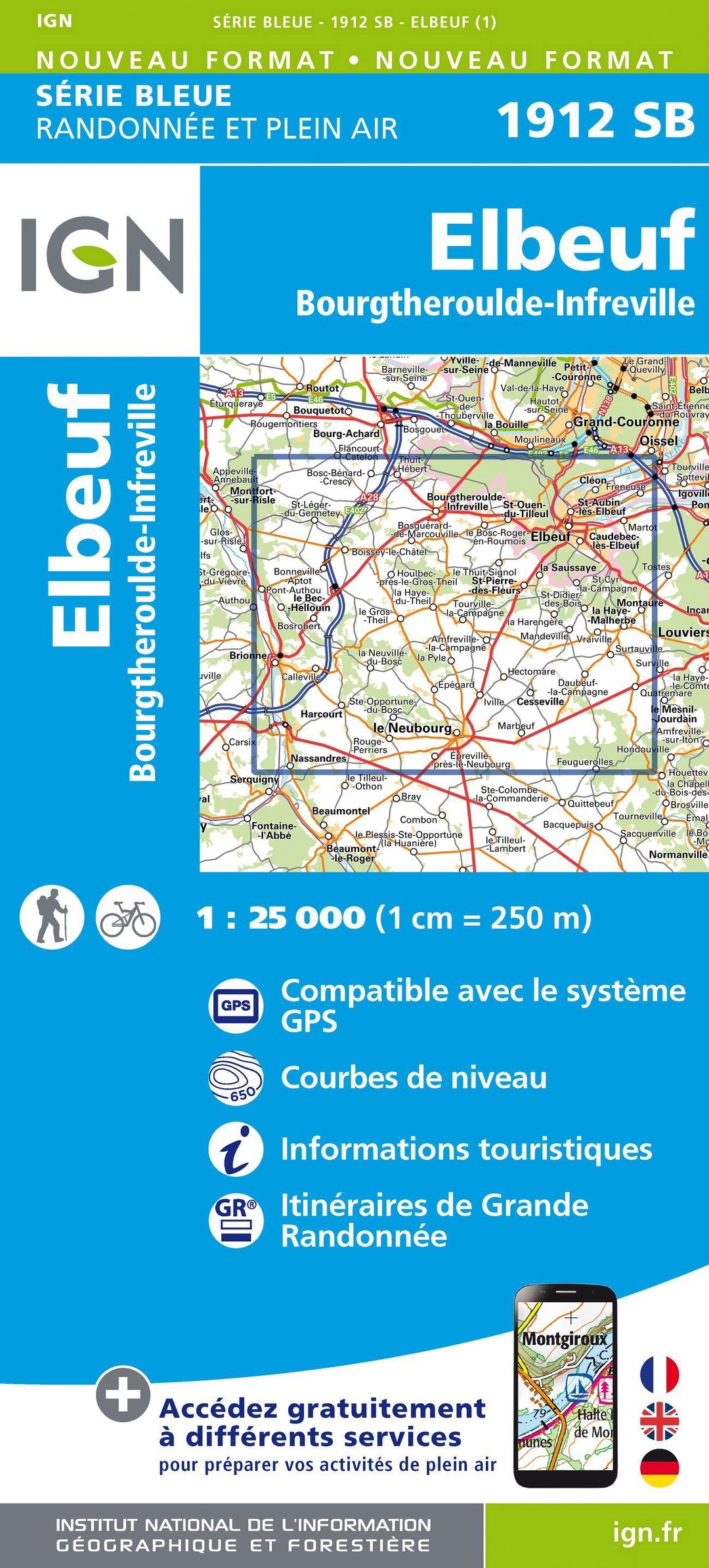 Carte de randonnée n° 1912 - Elbeuf, Bourgtheroulde-Infreville | IGN - Série Bleue carte pliée IGN