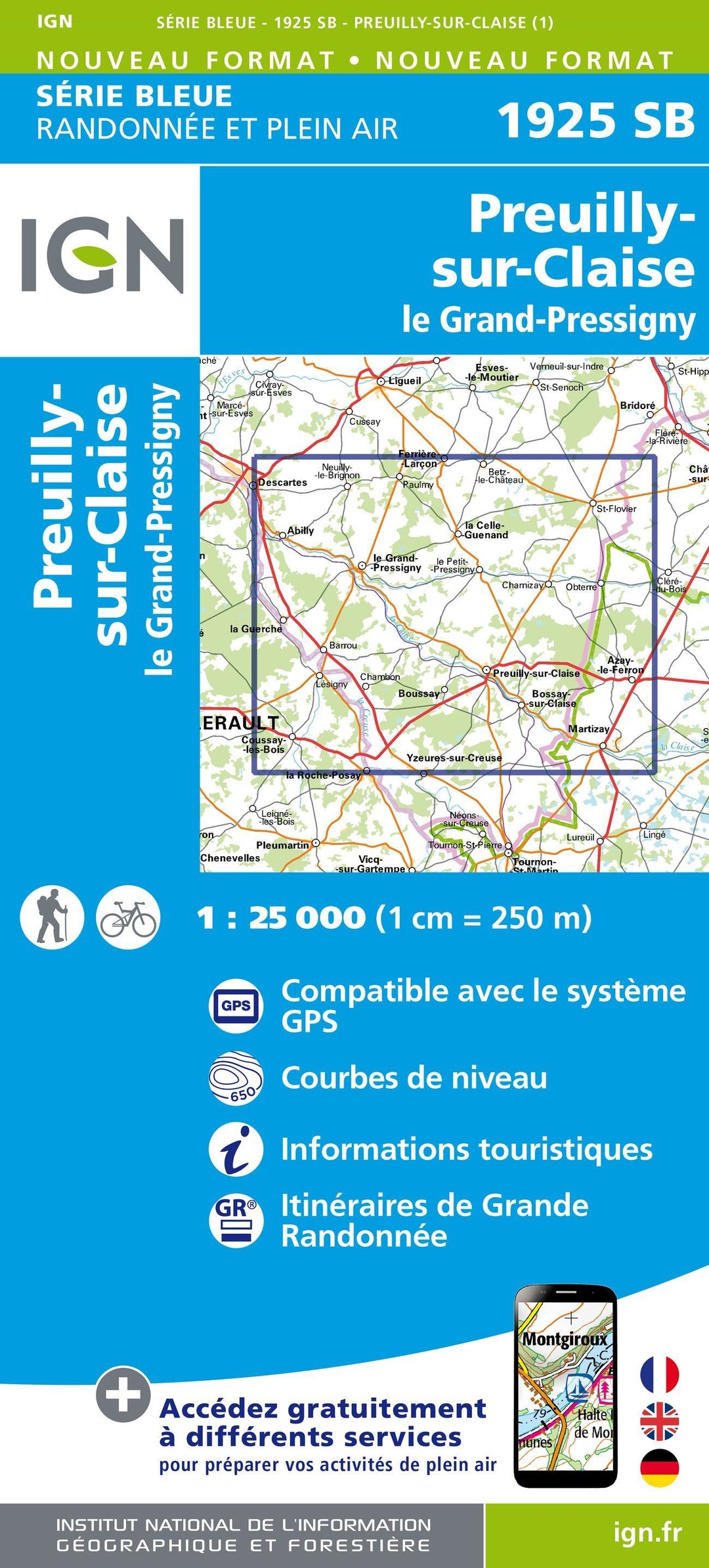 Carte de randonnée n° 1925 - Preuilly-sur-Claise, le Grand-Pressigny | IGN - Série Bleue carte pliée IGN