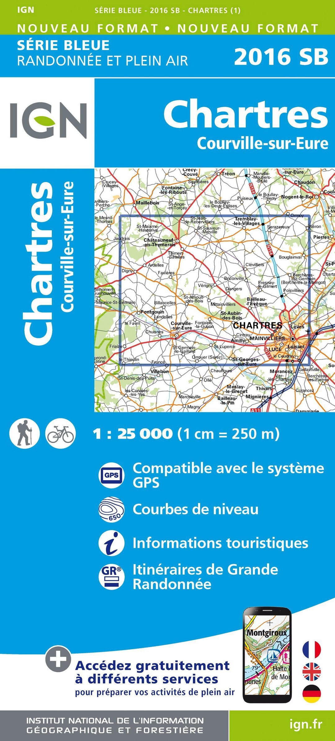 Carte de randonnée n° 2016 - Chartres - Courville-sur Eure | IGN - Série Bleue carte pliée IGN