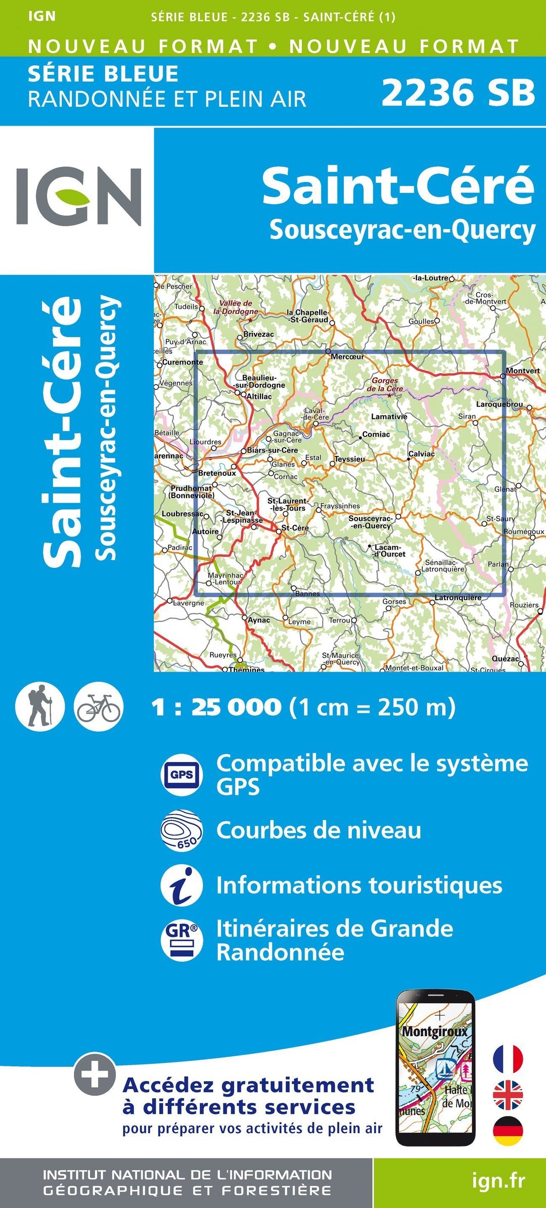 Carte de randonnée n° 2236 - Saint-Céré, Sousceyrac-en-Quercy | IGN - Série Bleue carte pliée IGN