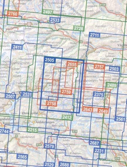 Carte de randonnée n° 2505 - Jotunheimen Ouest (Norvège) | Nordeca - Turkart 1/50 000 carte de randonnée Nordeca