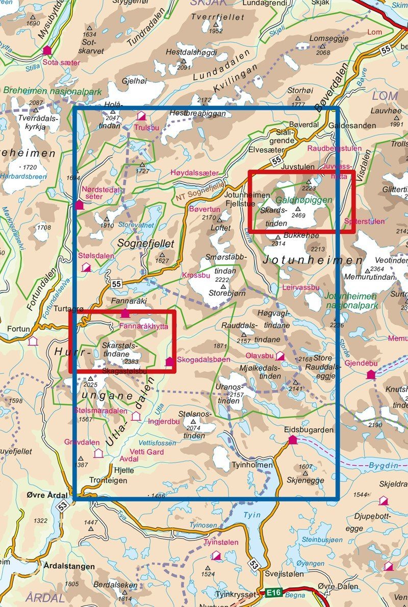 Carte de randonnée n° 2505 - Jotunheimen Ouest (Norvège) | Nordeca - Turkart 1/50 000 carte de randonnée Nordeca