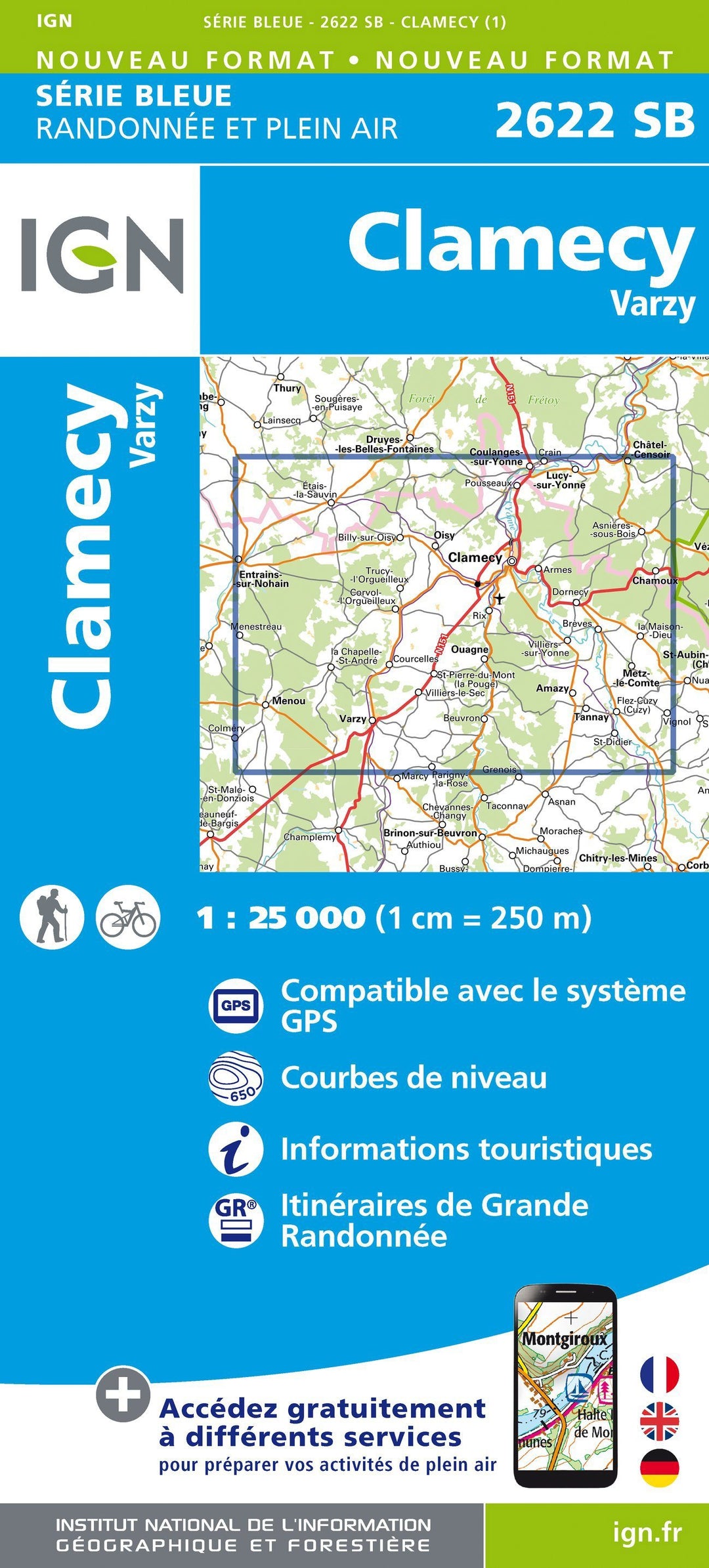 Carte de randonnée n° 2622 - Clamecy, Varzy - VERSION MURALE ET PLASTIFIEE | IGN - Série Bleue carte murale grand tube IGN