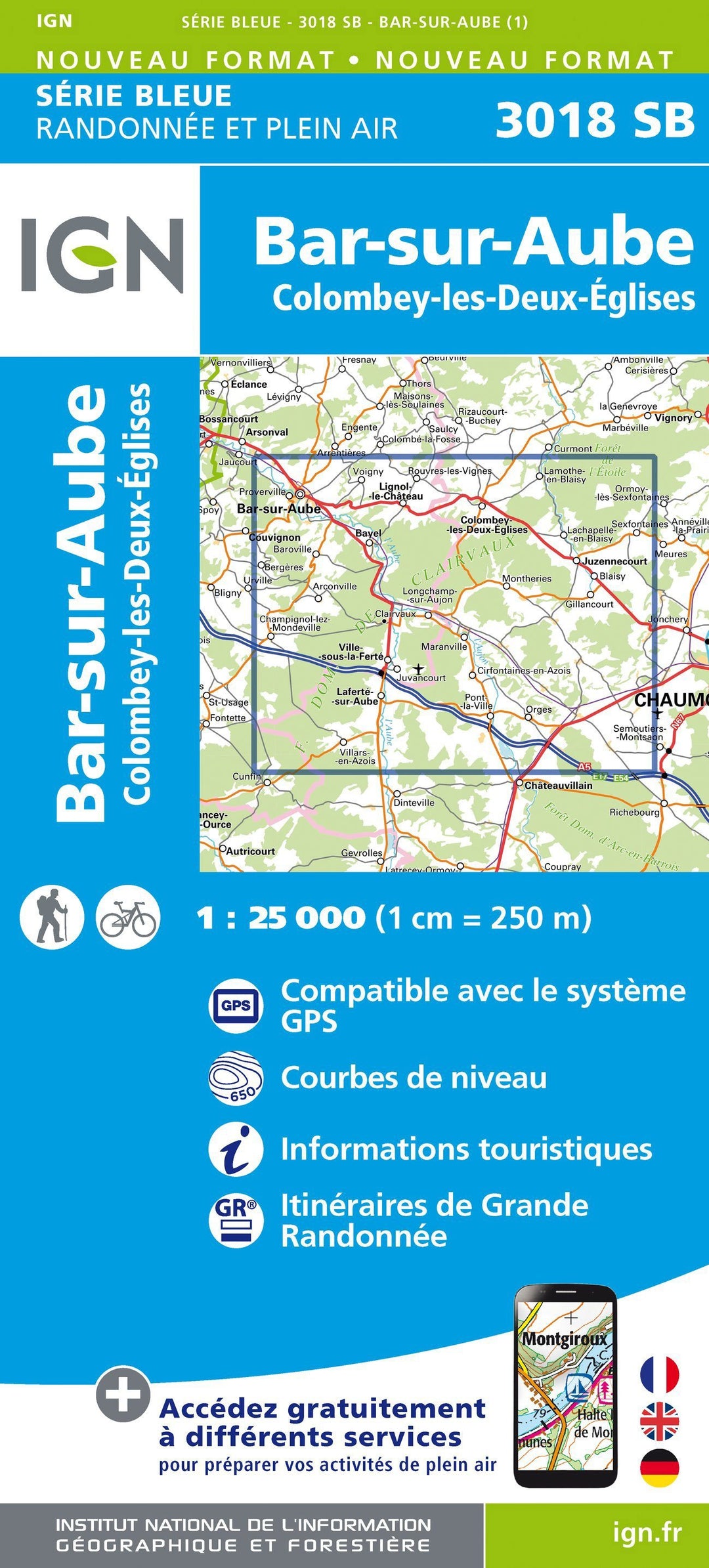 Carte de randonnée n° 3018 - Bar-sur-Aube, Colombey-les-Deux-Eglises | IGN - Série Bleue carte pliée IGN