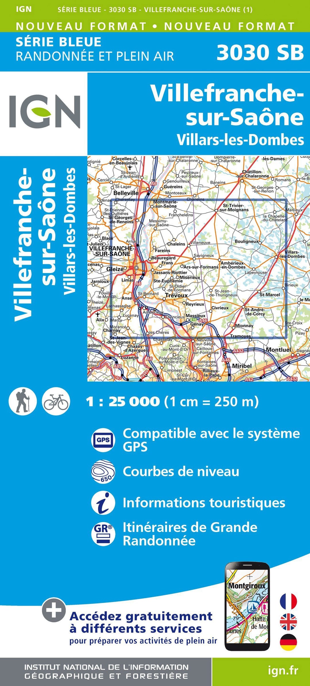 Carte de randonnée n° 3030 - Villefranche-sur-Saône, Villars-les-Dombes | IGN - Série Bleue carte pliée IGN