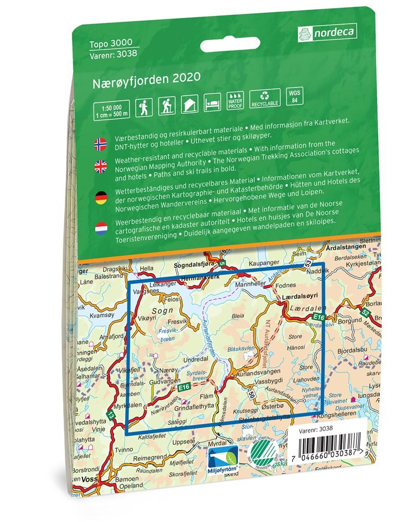 Carte de randonnée n° 3038 - Naeroyfjorden (Norvège) | Nordeca - série 3000 carte de randonnée Nordeca