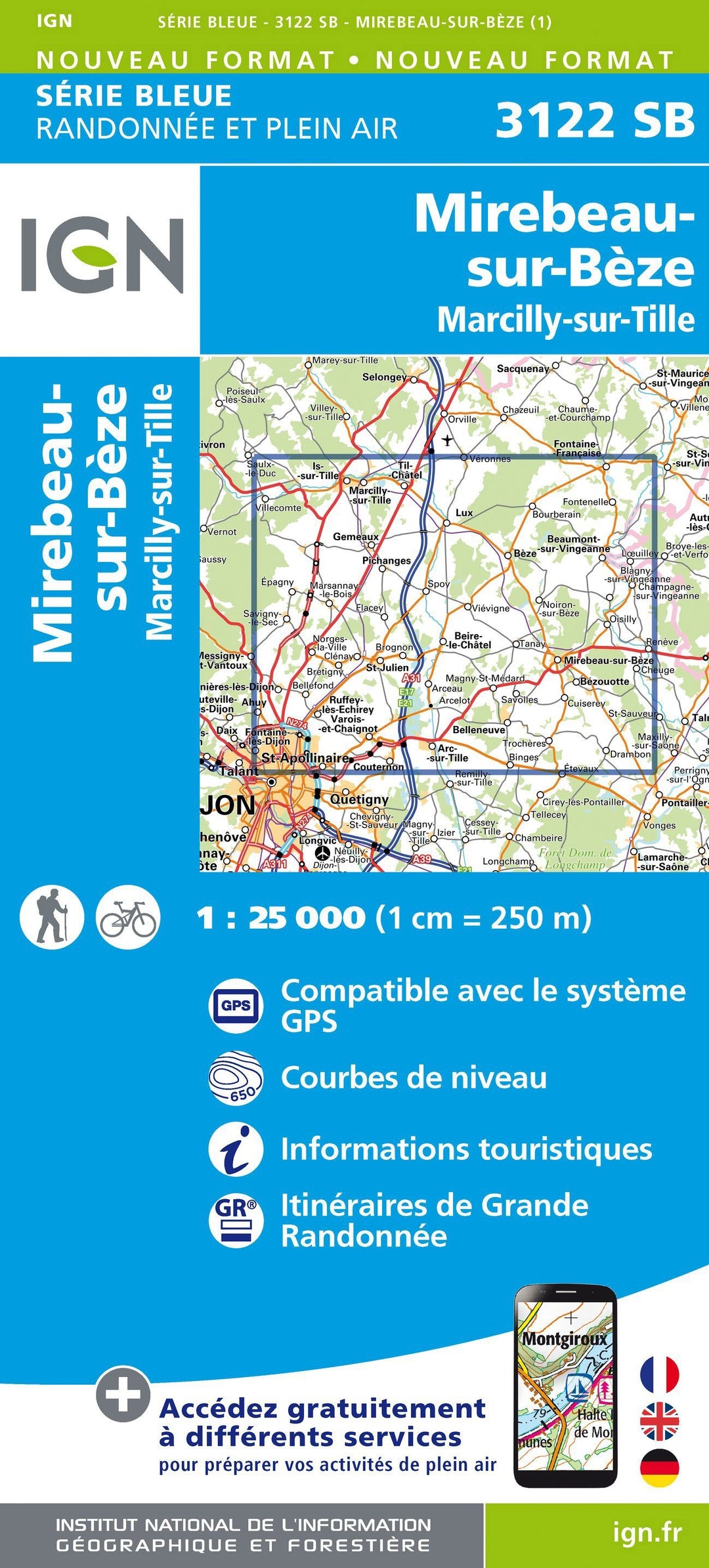 Carte de randonnée n° 3122 - Mirebeau-sur-Bèze, Marcilly-sur-Tille | IGN - Série Bleue carte pliée IGN