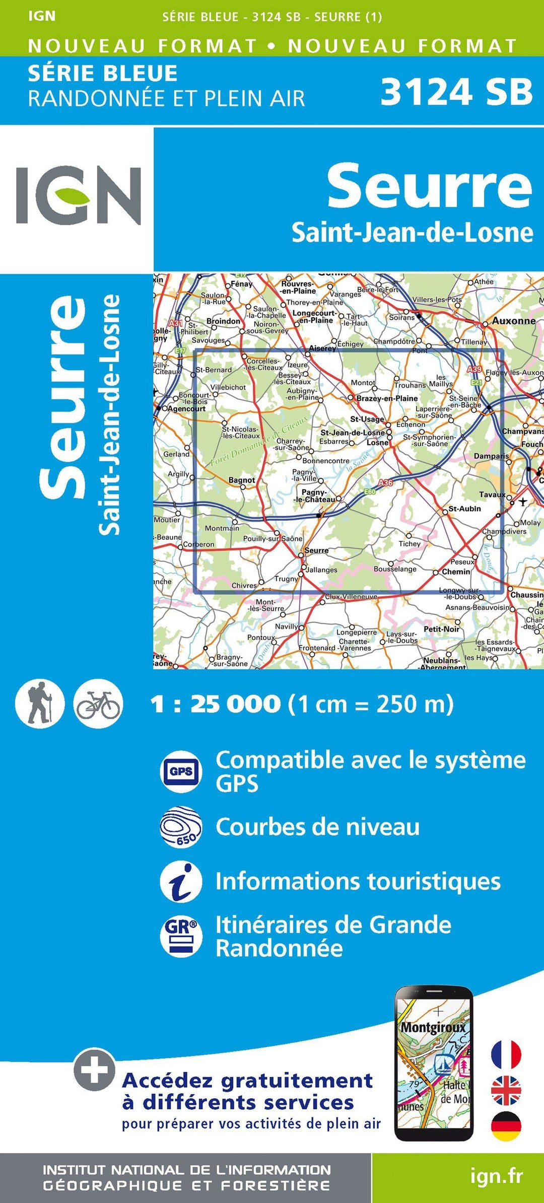 Carte de randonnée n° 3124 - Seurre, St-Jean-de-Losne | IGN - Série Bleue carte pliée IGN