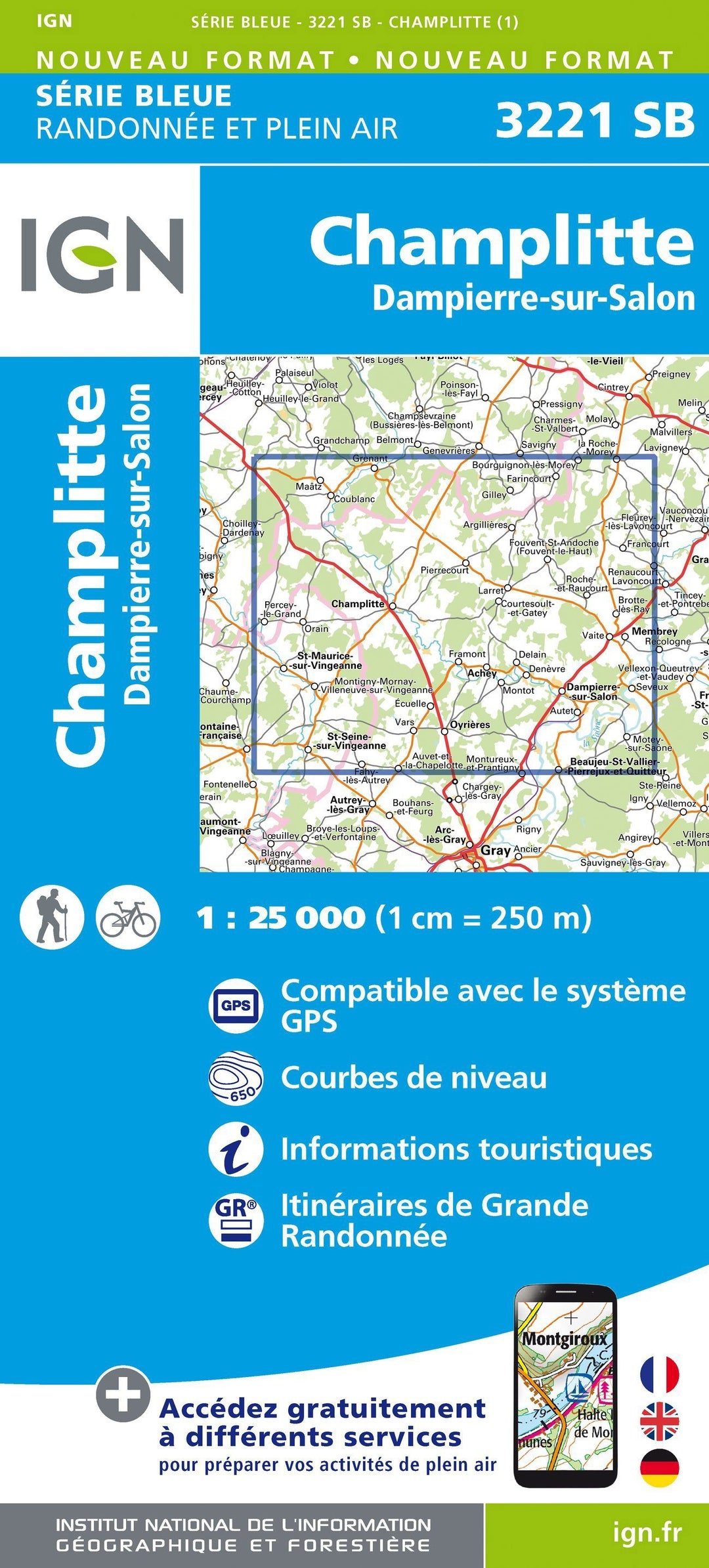 Carte de randonnée n° 3221 - Champlitte, Dampierre-sur-Salon | IGN - Série Bleue carte pliée IGN