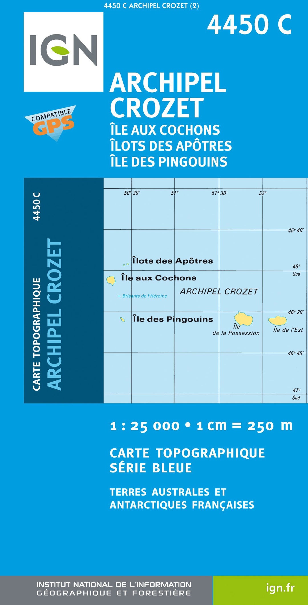 Carte de randonnée n° 4450C - Archipel de Crozet : îles Cochons, Apôtres, Pingouins | IGN - Série Bleue carte pliée IGN