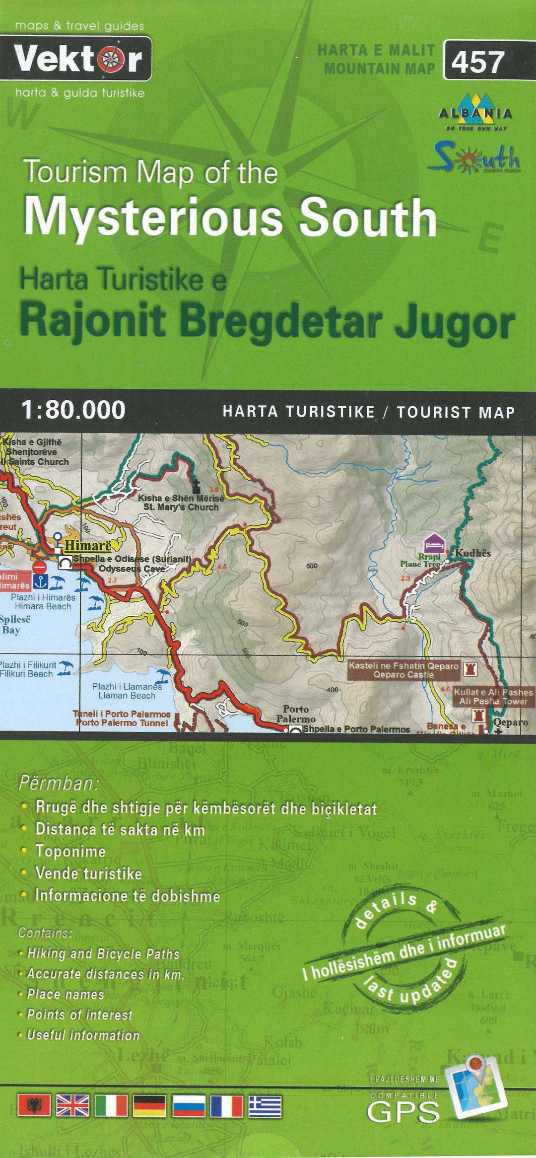 Carte de randonnée - Rajonit Bregdetar Jugor - Mysterious South (Albanie), n° 457 | Vektor carte pliée Vektor