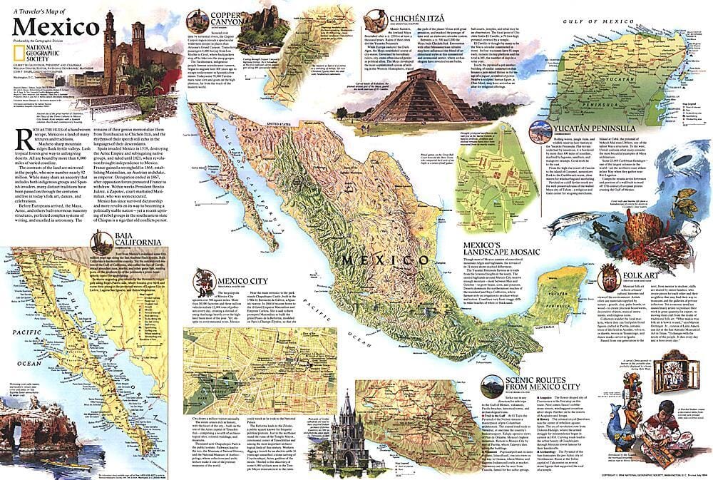 1994 Travelers Map of Mexico Wall Map