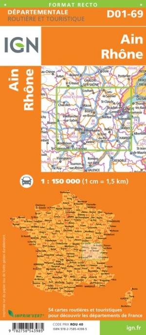 Carte départementale D01-69 - Ain & Rhône | IGN carte routière IGN