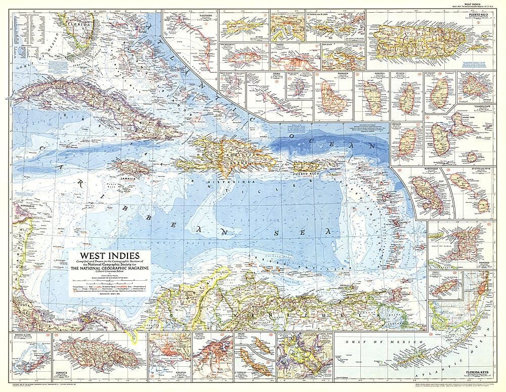 1954 West Indies Map Wall Map