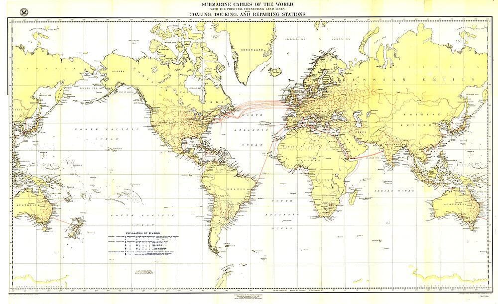 1896 Submarine Cables of the World Map Wall Map