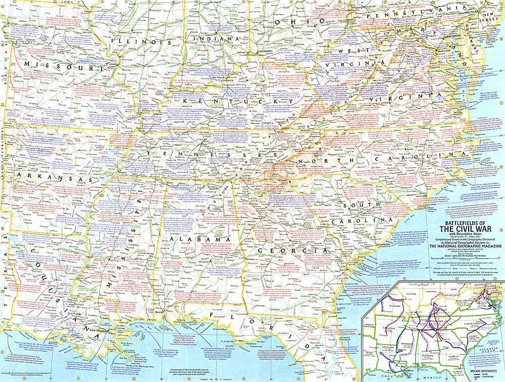 1961 Battlefields of the Civil War Map Wall Map
