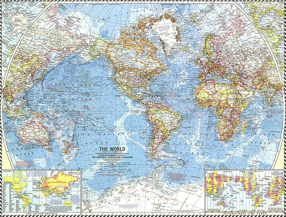 1960 World Map Wall Map