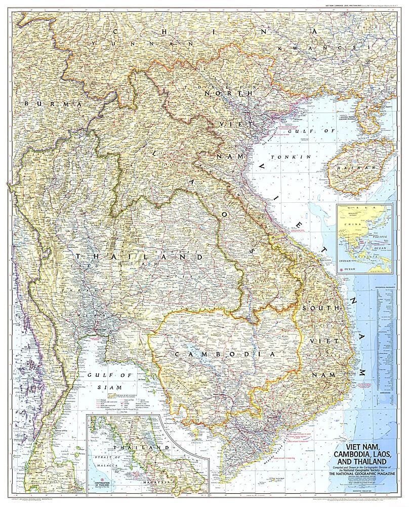 Carte du Vietnam, du Cambodge, du Laos et de la Thaïlande de 1967 carte murale roulée (en tube) National Geographic Historic POD Default Title