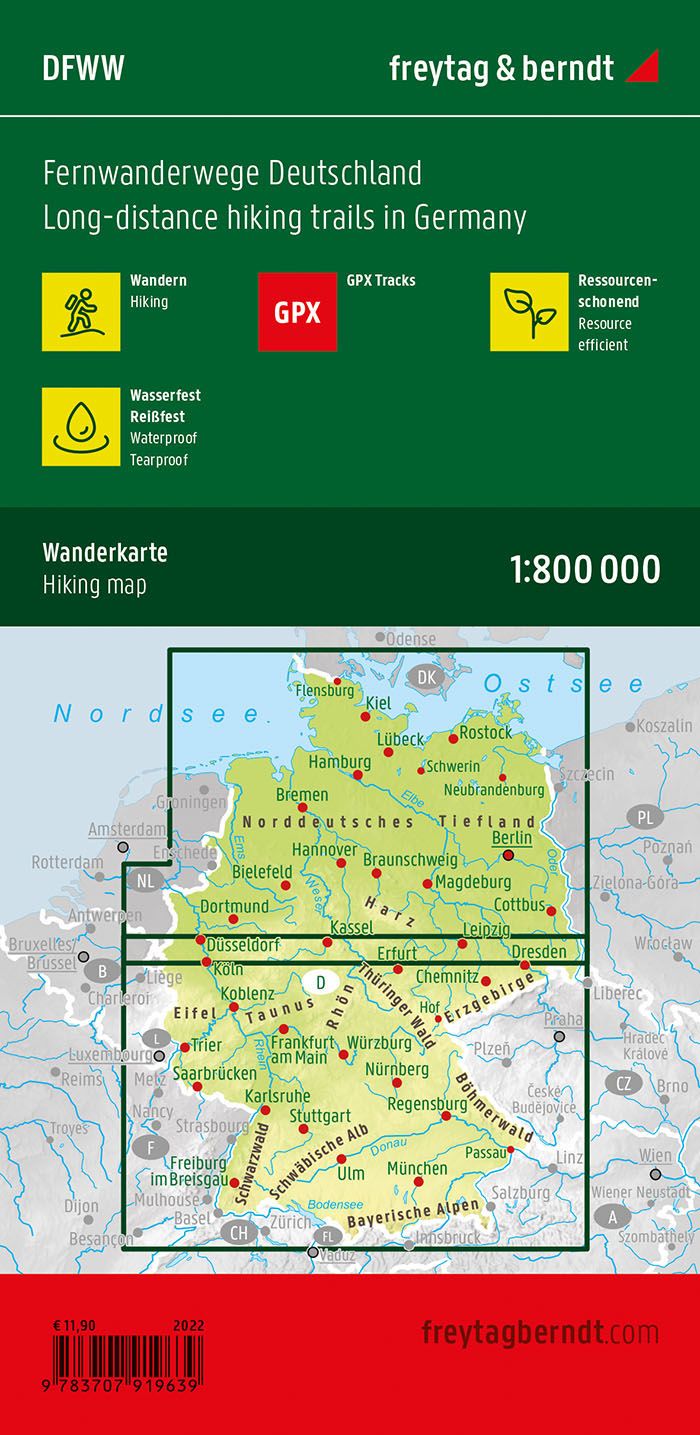 Carte générale des sentiers de longue randonnée - Allemagne | Freytag & Berndt carte routière Freytag & Berndt