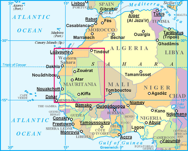 Carte géographique - Mauritanie et Sahara Occidental | Gizi Map carte routière Gizi Map Default Title