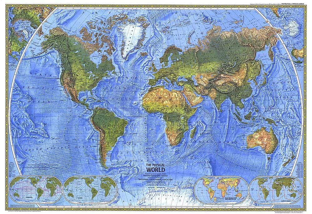 1975 Physical World Map Wall Map