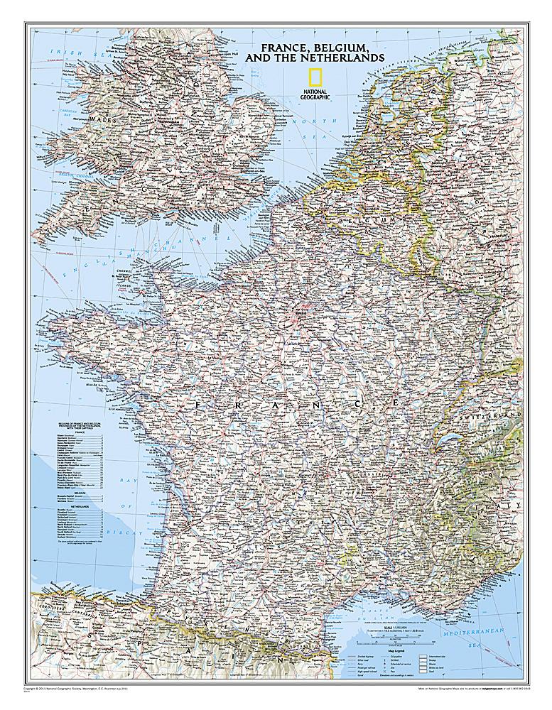 Carte murale (en anglais) - France, Belgique, Pays-Bas - 60 x 77 cm | National Geographic carte murale roulée (en tube) National Geographic Papier