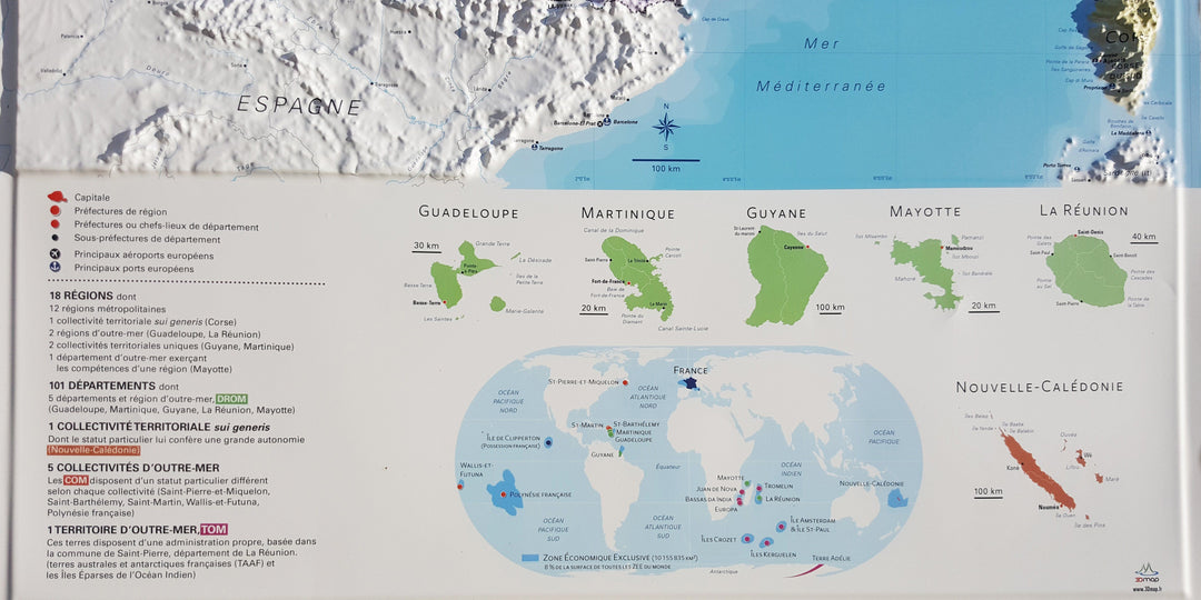 Carte murale en relief - France Administrative - 61 cm x 91 cm | 3D Map carte en relief 3D Map