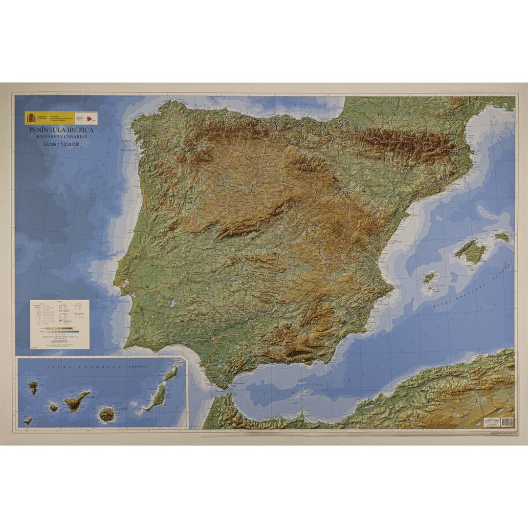 Carte murale en relief - Péninsule ibérique, Baléares & Canaries - 127 x 88 cm | CNIG carte relief grande dimension CNIG