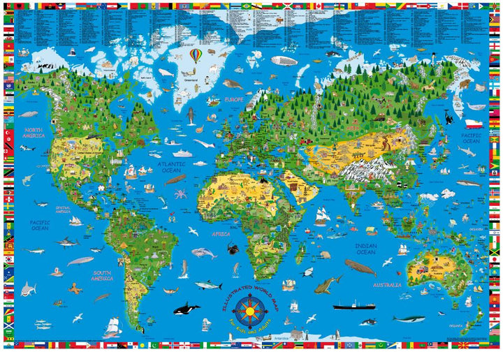 Carte murale illustrée pour enfants (en anglais) - The World - 135 x 195 cm | Krüger & Schönhoff carte murale roulée (en tube) Krüger & Schönhoff