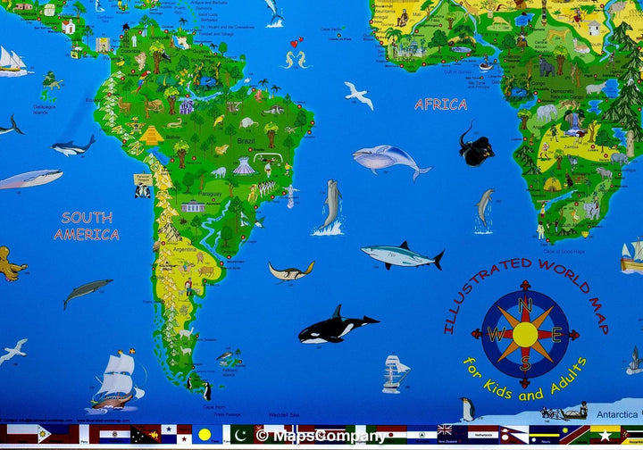 Carte murale illustrée pour enfants (en anglais) - The World - 135 x 195 cm | Krüger & Schönhoff carte murale roulée (en tube) Krüger & Schönhoff