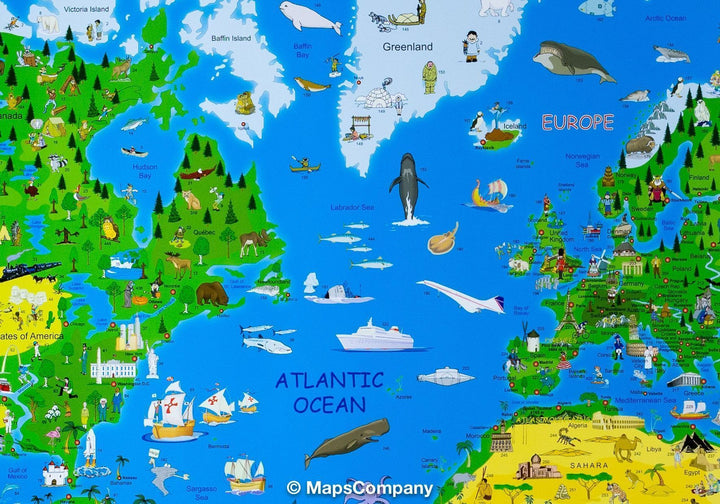 Carte murale illustrée pour enfants (en anglais) - The World - 135 x 195 cm | Krüger & Schönhoff carte murale roulée (en tube) Krüger & Schönhoff