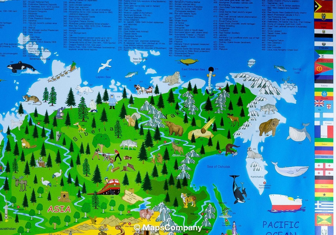 Carte murale illustrée pour enfants (en anglais) - The World - 135 x 195 cm | Krüger & Schönhoff carte murale roulée (en tube) Krüger & Schönhoff
