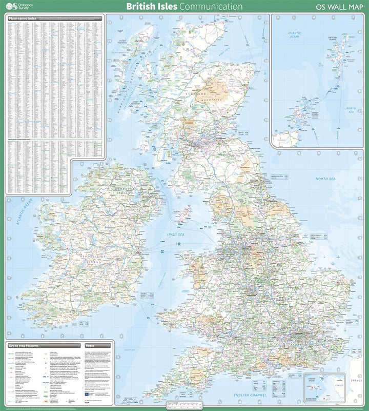 Carte murale plastifiée - Iles britanniques - 94 x 104 cm | Ordnance Survey carte murale roulée (en tube) Ordnance Survey Ireland