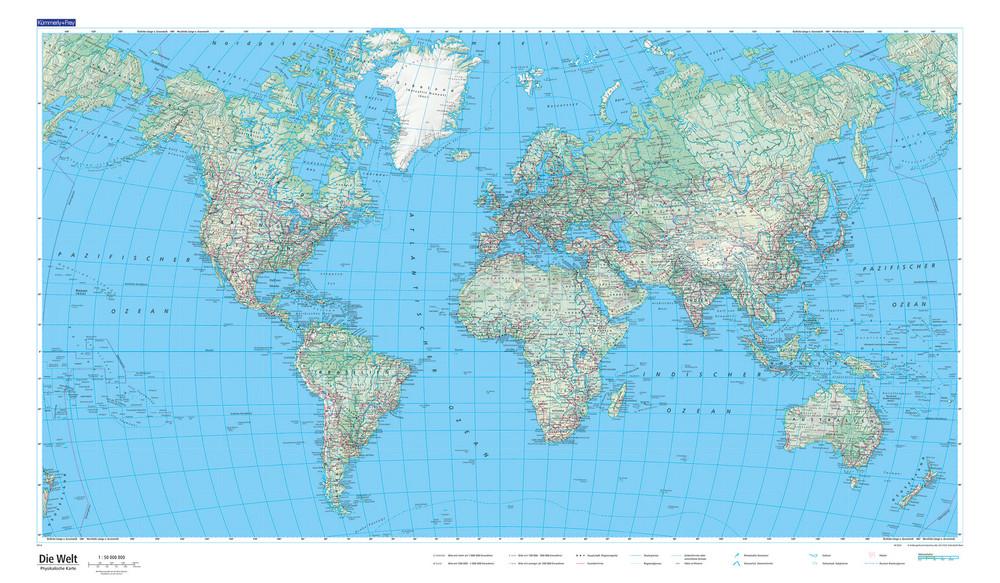 Carte murale plastifiée - Monde physique (en allemand) - 88 x 51 cm | Kümmerly & Frey carte murale petit tube Kümmerly & Frey