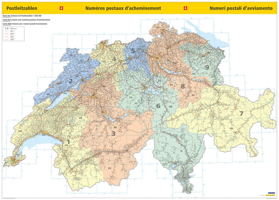 Carte murale plastifiée - Suisse (zones postales) - 139 x 100 cm | Kümmerly & Frey carte murale petit tube Kümmerly & Frey