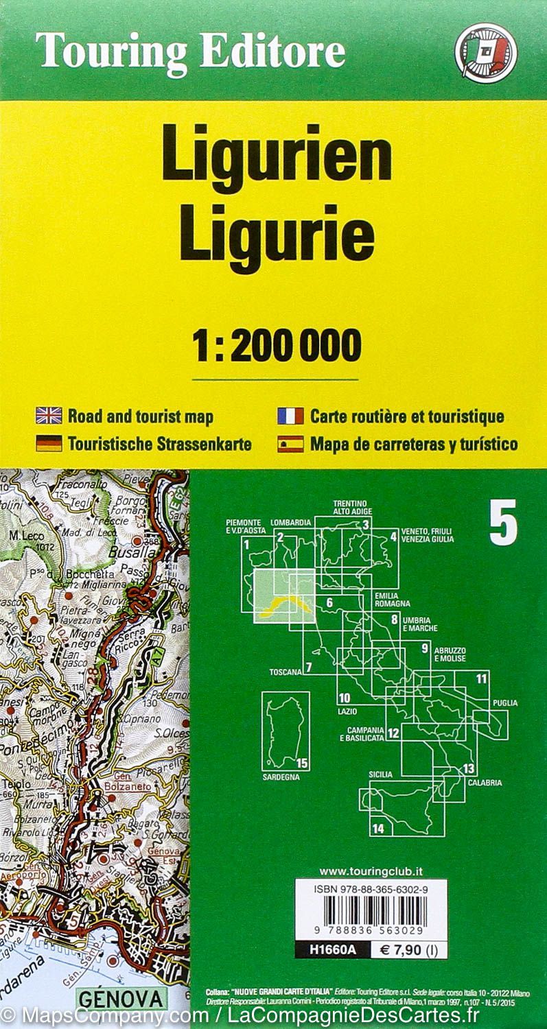 Carte routière n° 5 - Ligurie (région de Turin & Gênes, Italie) | Touring Club Italiano-1/200 000 carte routière Touring Club Italiano
