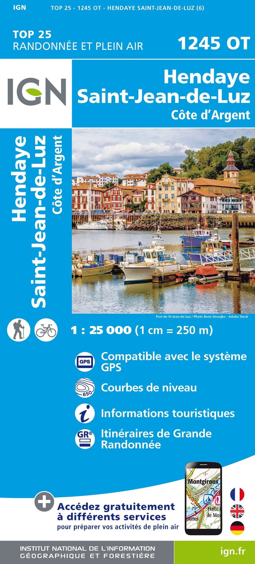 Carte TOP 25 n° 1245 OT - Hendaye & St Jean de Luz | IGN carte de randonnée IGN