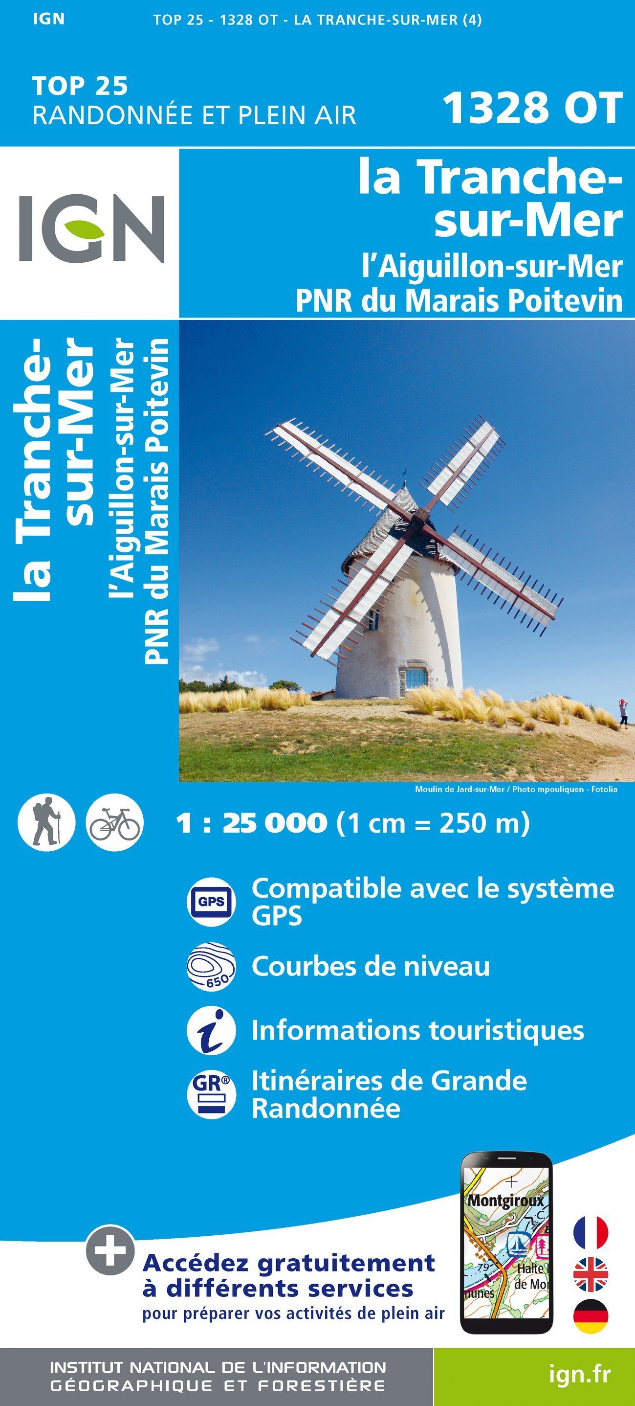 Carte TOP 25 n° 1328 OT - La Tranche-sur-Mer, l'Aiguillon-sur-Mer, PNR du Marais Poitevin | IGN carte de randonnée IGN